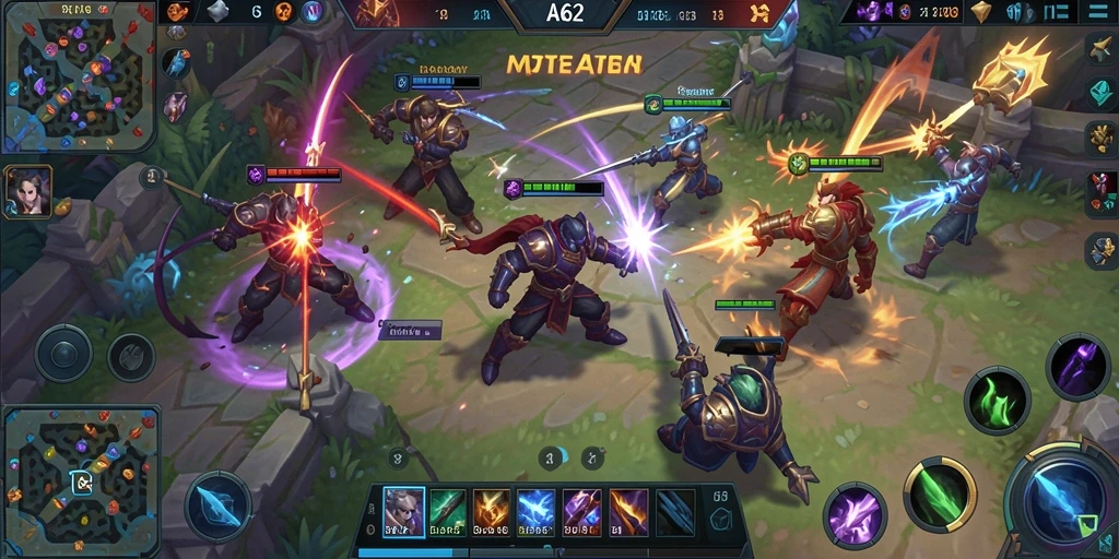 Screenshot tampilan gameplay seru AA62 dalam pertarungan MOBA.