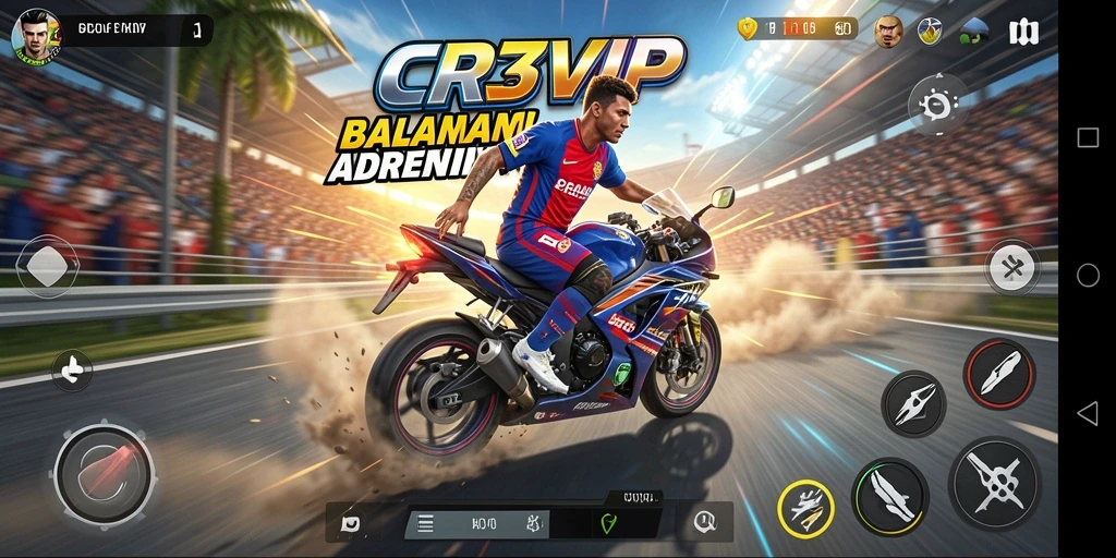 Screenshot gameplay CR7VIP menunjukkan balapan motor yang seru dan mendebarkan.