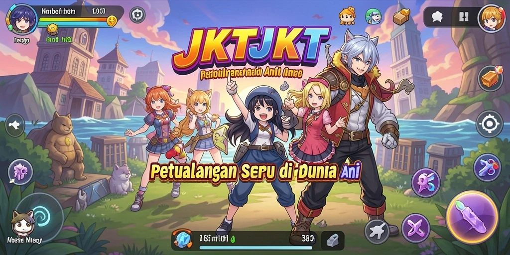 Screenshot utama JKTJKT menampilkan pertarungan seru antar karakter anime.