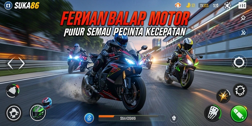Screenshot gameplay SUKA86 menampilkan balapan motor yang seru.